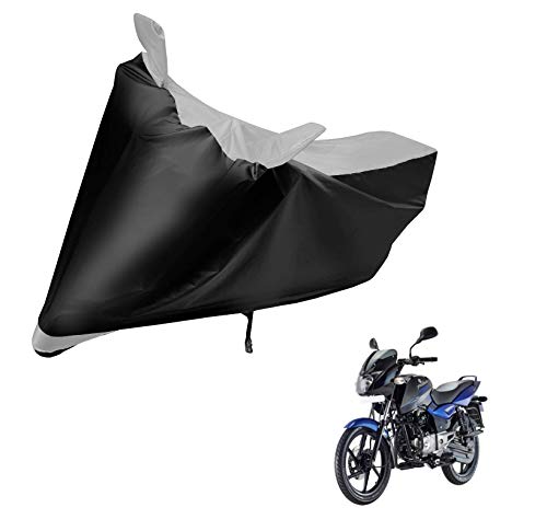 Image of Auto Hub Bike Cover Compatible with Bajaj Pulsar 150 with Mirror Pocket, Dustproof, Heat Resistant, Triple Stitched, Pulsar 150 Bike Cover- Black, Silver