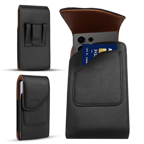 Wireless City Vertical Leather Phone Holster for iPhone 17 Pro/17, 16 Pro/16e/16, 15 Pro/15, 14 Pro/14, 13 Pro/13, 12 Pro/12, 11, XR – Belt Clip Pouch for Men & Women, Fits with Case On (Black)