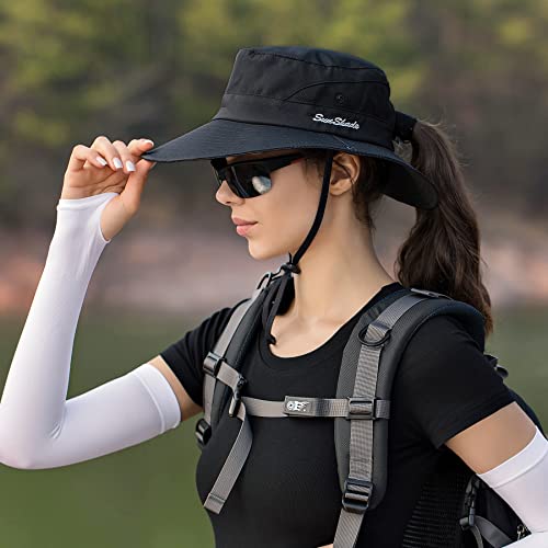 Npqquan Ponytail Sun Hat For Women 3” Wide Brim Upf 50+ Bucket Fishing Beach Hats Black (Ponytail Hole) #TOP1