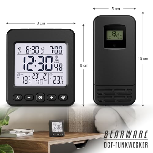 CSL - Funkwecker digital - Funk Wetterstation Funk mit Außensensor - Innentemperatur und Außentemperatur - Funkwecker Funkuhr - 2 Alarmzeiten - LED Display