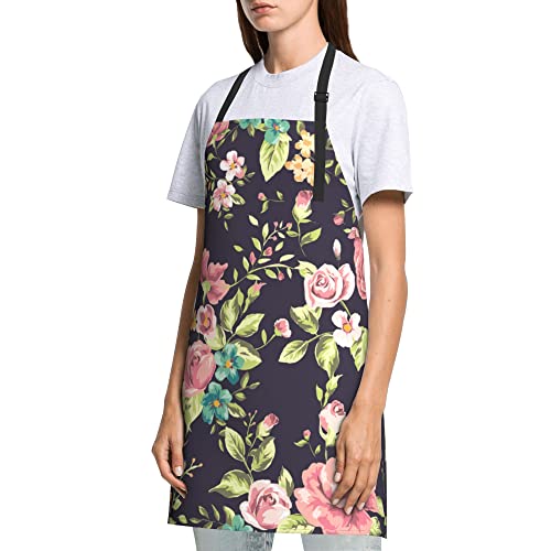 Flower And Leaf Black Aprons, Colorful Pink Floral Mens Apron Long Ties And Adjustable Neck Strap Cooking Painting Kitchen Personalized Funny Gifts For Men Women Black #TOP2
