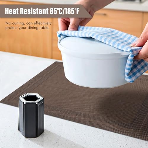 Image of Placemats Set of 6 Dining Table Place Mats | Placemats Table Mat PVC Material | Non-Slip Heat Resistant | Dining Tablemates Washable Anti-Skid | Size 45 x 30cm (Brown)