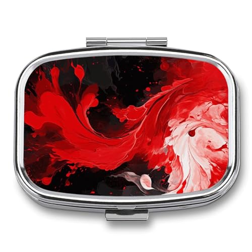 Portable Pill Organizer Red Black White Abstract Small Pill Box 2 Compartment Medicine Vitamin Organizer Travel Medicine Organizer with Mirror & Button Closure Cute Medication Case for Purse