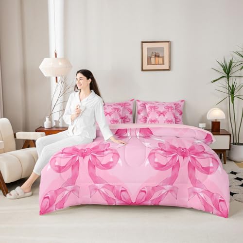 Image of Pink Bow Full Size Bed Sheets and Comforter Set | Cute Ribbon Bowknot 7 Piece Bedding Set Princess Bow Bed in a Bag, Kawaii Bow Tie Room Decor,Light Pink Room Decor Aesthetic