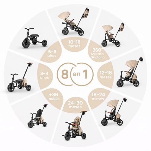 Qplay Triciclo Evolutivo Comfo Max 6 In 1 Nero | Triciclo Bebe 1 Anno Pieghevole In Alluminio Con Seduta A 360°, Reclinabile E Capottina - Per Neonati Da 10 A 72 Mesi (Beige) - 2