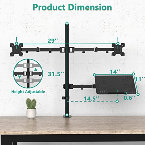 WALI Triple Arm Laptop and Dual Monitor Desk Mount for 17" Notebook and Up to 27" Screens, Extra Tall Adjustable Monitor Stand with Laptop Tray, VESA 75x75 100x100, Black (M002XLLP) by WALI - Image 5