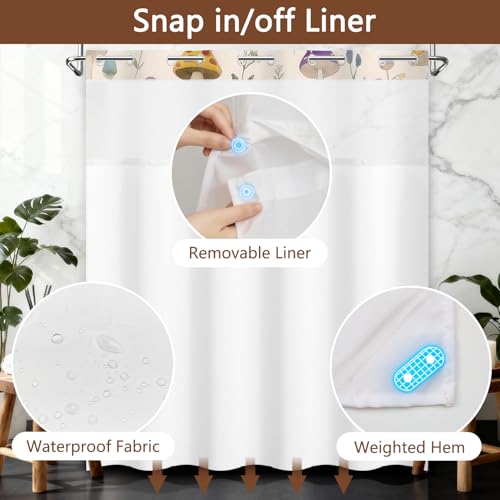 No Hook Shower Curtain with Snap in Fabric Liner, Cute Mushroom Retro Wildflower Botanical Bathroom Curtains, Double Layers Waterproof Shower Curtain with Mesh Top Window and Weighted Hem, 71x74 Inch by TQUQOBU - Used condition - Image 5