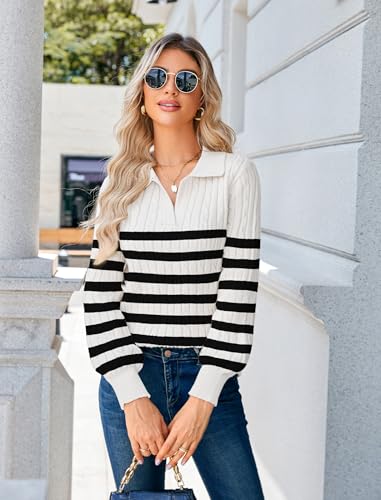 Image of JUSTFASHIONNOW Womens Sweaters Polo V Neck Cable Knit Sweater Dressy Casual Pullover Jumper Tops Fall Winter Trendy