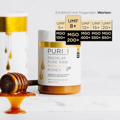 PURITI Manuka Honig MGO 200+ 250g aus Neuseeland mit zertifiziertem Methylglyoxal Gehalt - Laborgeprüft, Direktimport, reines Naturprodukt, frei von Zusatzstoffen