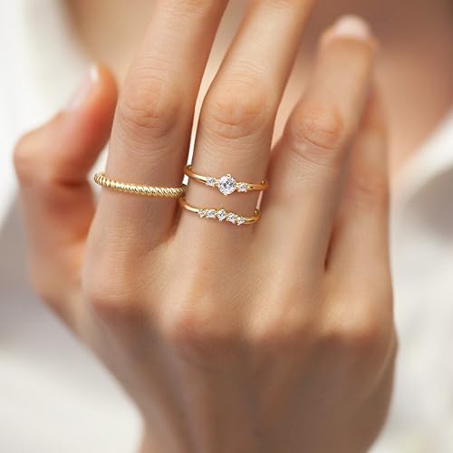 Dochais Dainty Cubic Zirconia Gold Rings for Women Non-Tarnish 14k Gold Plated Stackable Rings Wedding Engagement Finger Ring Set Size 5-92