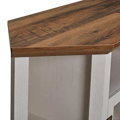 Amerlife Corner Tv Stand For Tv's Up To 48", 44 Inch Modern Farmhouse Wood Entertainment Center, Tv Console With Double Doors And Storage Cabinets For Living Room, Distressed White #TOP2