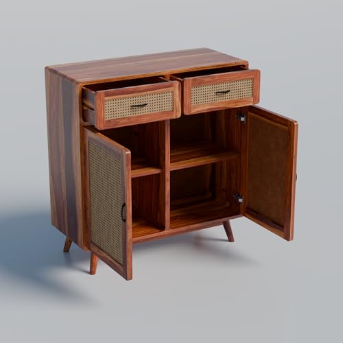 Image of DRIFTINGWOOD Amber Solid Sheesham Wood Sideboard Cabinet | 2-Door Storage Console with 2 Drawers for Living Room & Dining Room | Honey Finish