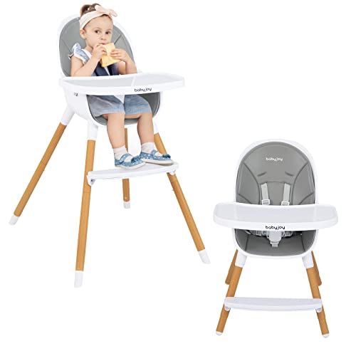 Image of BABY JOY Convertible Baby High Chair, 3 in 1 Highchair w/Adjustable Legs, Dishwasher Safe Tray, Detachable PU Cushion, Footrest, 5-Point Harness for Babies Infants Toddlers (Gray)