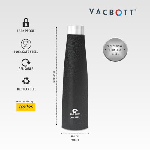 Image of Clay Craft Vacbott Chariott SS Lid Single Walled Non Insulated Water Bottle, 900ml (Black) Steel Water Bottles for School, Office, Home, Gym, Water Bottle for Men Leakproof, Rust free Steel Bottle