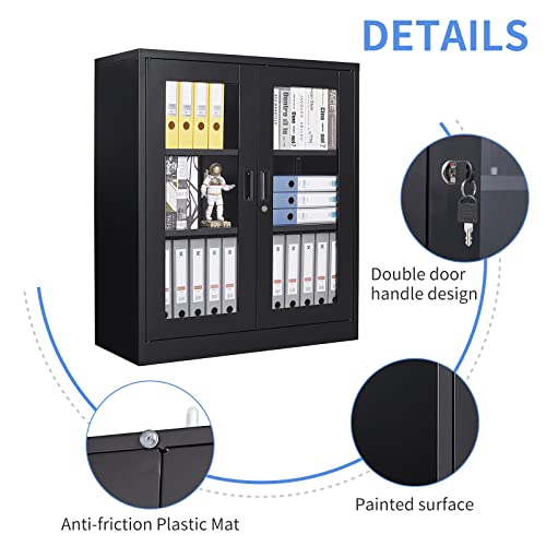 Yizosh Metal Storage Cabinet with Glass Doors - 35.4" Locking Display Cabinet with 2 Adjustable Shelves for Home Office, Living Room, Bedroom