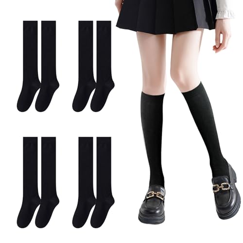UILYNIU 4 Paires de Chaussettes Hautes en Coton pour Femmes, Chaussettes Hautes Montantes, Chaussette Chaude, Chaussette D'hiver de Bottes, Longue Genoux Solide Décontractées, Mi-Bas Au Genou (Noir)