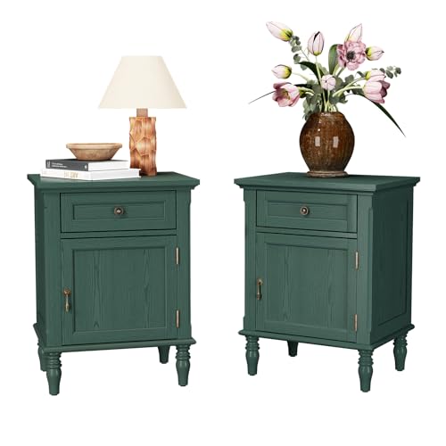 ARTPOWER Nightstands Set of 2 for Bedroom Vintage Bedside Table with 1 Drawer & Storage Cabinet Unique Wood Veneer End Side Table Sage Green