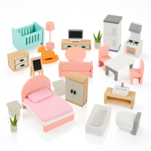 Wooden Dollhouse Furniture Set,Miniature Doll Furniture Accessories with 5 Rooms,for Kitchen, Living Room, Bedroom, Bathroom, Babyroom,Pretend Play Furniture for Toddlers 3 4 5 6 Years Old