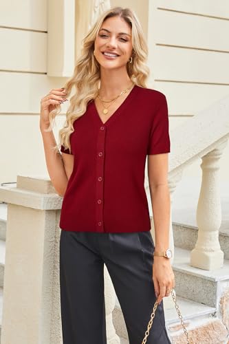 Image of Arach&Cloz Women's Wool Blend Short Sleeve Lightweight Cardigan Business Casual Summer Sweaters Tops