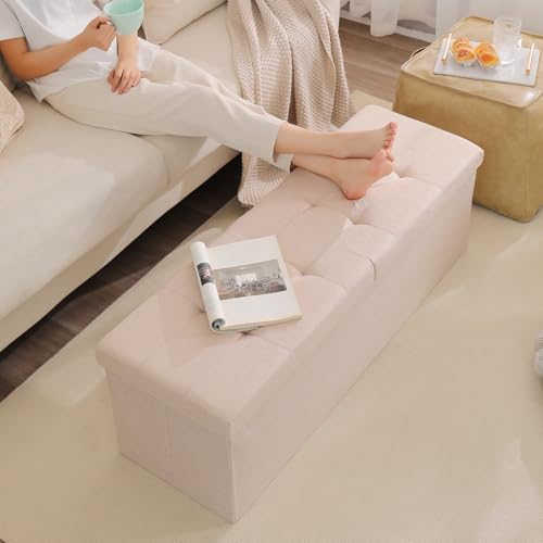 Image of Storage Ottoman Bench Foldable Footrest Foot Stool, 45 inch Fabric Brown | Small Ottoman Foot Rest Seat Shoe Bench Flip-Top forliving Room End of Bed Bedroom Couch Dorm 166L Folding Upholstered Chair