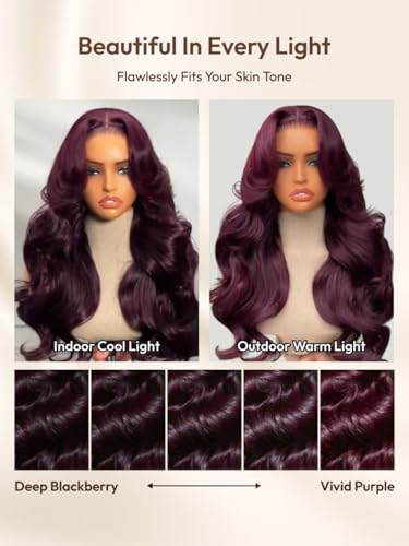 Image of Beauty Forever Bye Bye Knots Black Cherry Loose Body Wave Glueless Wigs Human Hair Pre Plucked Pre Cut 7x5 Lace Front Drawstring Wig with Face Framing Layers Put on and Go Wig 180% Density 24inch
