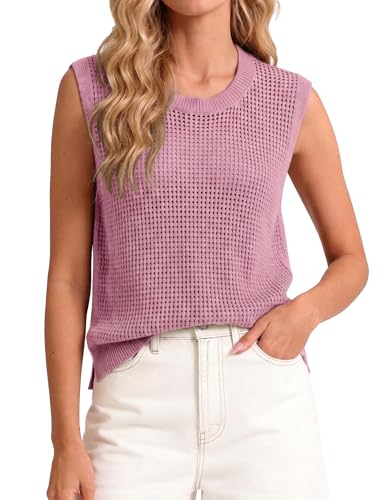 Totatuit Casual Eyelet Tops for Women Ladies Loose Knit Tank Light Pink M — view 2