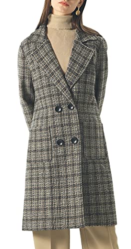 Image of chouyatou Women Elegant Notched Collar Double Breasted Wool Blend Over Coat (X-Large, Coffee-Plaid)