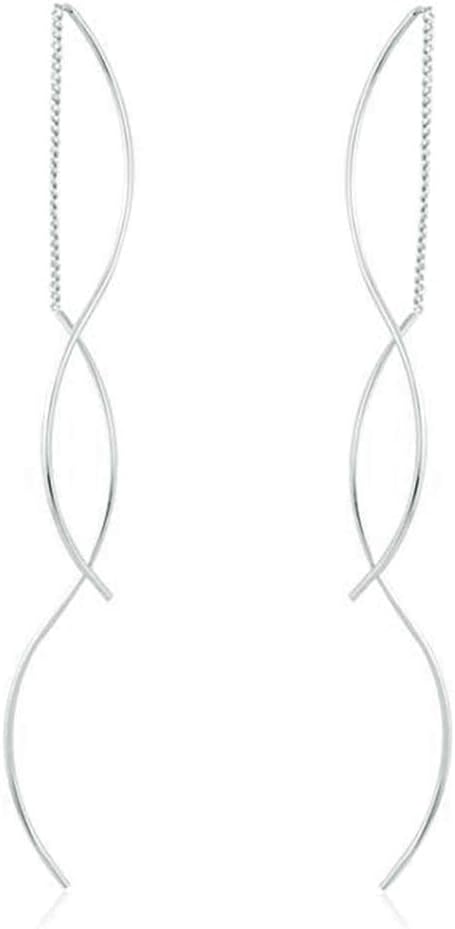 Solid 925 Sterling Silver Double Linear Curved Tassel Earrings Threader Drop Dangle Earrings for Women Teens