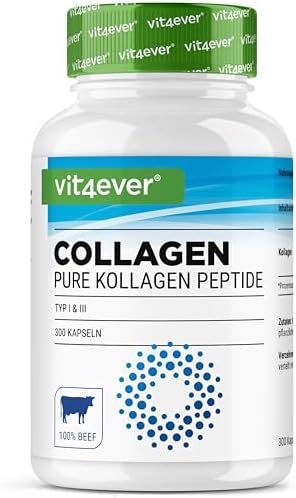 vit4ever Kollagen - 300 Kapseln - 4500mg Kollagen Hydrolysat - Typ 1 & 3 | 2,0 kDa Molekülgröße - 100% reine Rinderkollagen Hydrolysat Peptide - Bioaktiv - Laborgeprüft