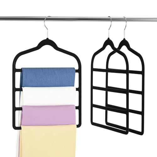 3 Pack Velvet Trouser Hangers - Space Saving Closet Organizers, Non-Slip Hangers for Jeans, Trousers, Skirts, Leggings, Scarves - Multi-Layer Clothes Hangers for Wardrobe Storage