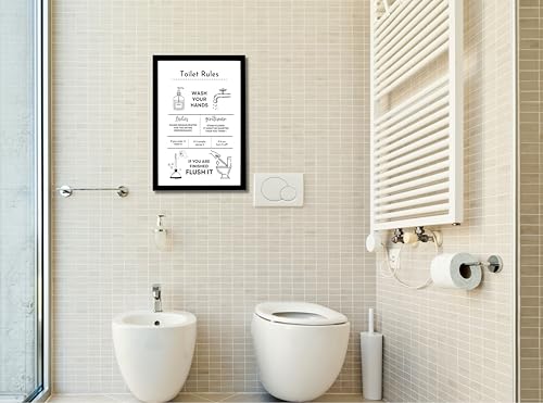 Image of Mira Mest Framed Bathroom Wall Decor | Funny Quotes & Cute Animal Art Prints | Quirky Toilet Signs & Guest Bath Decorations | Minimalist Black & White Washroom Signs | Ready to Hang Toilet Humor for Home & Powder Room (TOILET RULE)