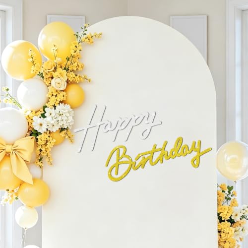 Image of TONIFUL Happy Birthday Sign for Backdrop - Glitter White Gold Felt Banner - Includes Dot Glue - Perfect for Birthday Party Backdrop,Wall Decr,Balloon Arch,Photo Background