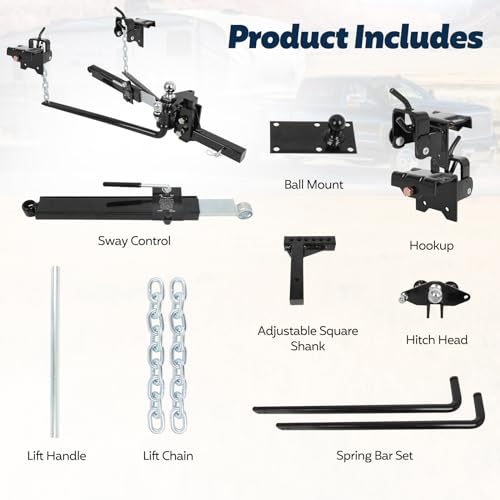 Image of Weight Distribution Hitch with Sway Control Bar, Trailer Towing Hitch Spring Bars Kit, Heavy Duty Weight Distributing Hitches 2-in Shank 2-5 /16-In Ball, Anti Sway for RV Camper, Max Towing 14000lbs