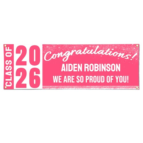Class of 2026 Personalized Graduation Banner, Custom Congratulations Banner for Indoor/Outdoor Graduation Party Decorations, Vinyl, Pink, 6ft