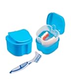 AmeriCan Goods Denture Bath Box with Denture Cleaner Brush Denture Bath Case with Rinsing Basket Tray Container (Blue)