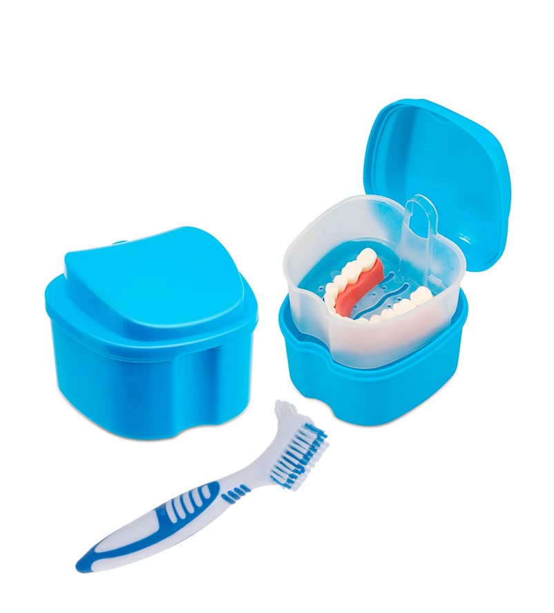 Caja de baño de dentadura con cepillo limpiador de dentaduras postizas Estuche de baño con cesta de enjuague (Azul)