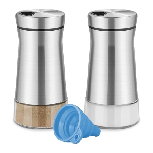 KUKUJIWA Salieres Et Poivrieres en Acier Inoxydable,2 PCS Salière et Poivrière Set, avec Fond en Verre et Trous de versement réglables,Pour Cuisine, Barbecue en Plein Air, Barbecue, Camping-car