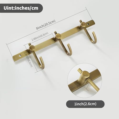 WINCASE Antique Brass Towel Hook Rack, Brushed Wall Hook Rack, Row Hooks with 3 Hooks Wall Mounted Rustic Bath Coat Hook Rack Holders