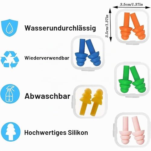 5 Paar Silikon Ohrstöpsel, Wiederverwendbare, Wasserdichte, zum Schwimmen, zum Schlafen, Geräuschreduzierende für Arbeit, Studium, Laute Orte