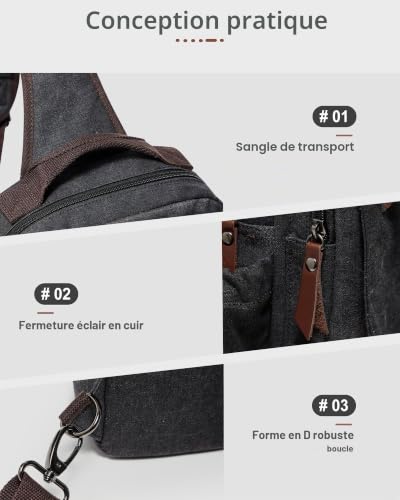 VENATIN Sac Homme Bandouliere Toile Sac de Poitrine Homme petit sac a dos homme pour Voyage Sports de Plein Air,travail,L'école,Noir – vue 5