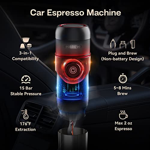 Hibrew 3-In-1 Portable Espresso Maker For Car, Nes* Original/Dg* Pod/Ground Coffee Compatible, 12 Volt Espresso Maker For Pods, 15 Bar, 2 Oz, Non-Battery Design (Black) #TOP2