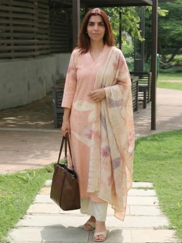 Image of ANNI Designer Women Cotton Blend Straight Fit Printed Kurta Pant Dupatta Set | V Neck Three Quarter Sleeve Ensemble | Soft Breathable Fabric | Comfortable Elegant Styling for Office Casual Wear