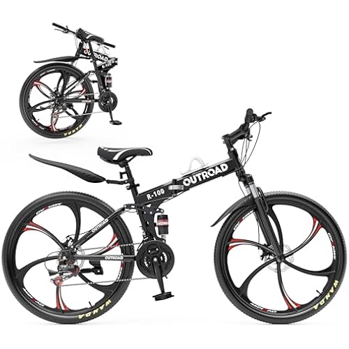 Outroad 26 Inch Folding Mountain Bike, 21 Speed Full Suspension High-Carbon Steel MTB Foldable Bicycle, Dual Disc Brake Non-Slip Adjustable Seat Folding Bikes for Adults/Men/Women, Black, Orange