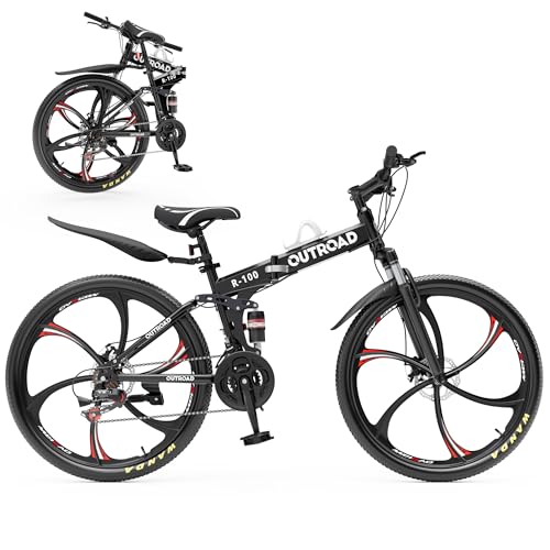 Image of Outroad 26 Inch Folding Mountain Bike, 21 Speed Full Suspension High-Carbon Steel MTB Foldable Bicycle, Dual Disc Brake Non-Slip Adjustable Seat Folding Bikes for Adults /Men /Women, Black, Orange