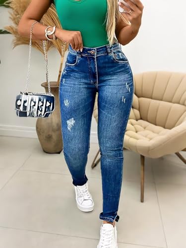 Flamingals Women's Ripped Detail Split Hem High Waist Skinny Jeans4