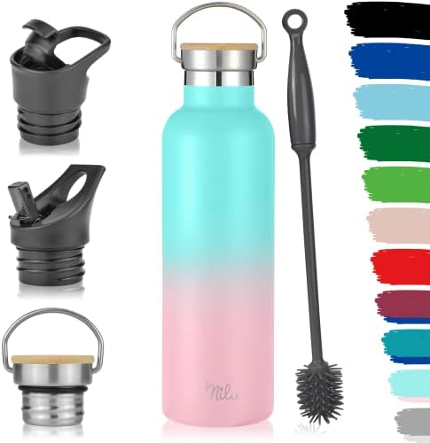 Milu Stainless Steel Drinking Bottle 500ml, 750ml, 1l (+3 Lids) - Thermo Bottle with Straw, Water Bottle, for Hot, Cold & Carbonated Drinks (Black, 500ml)