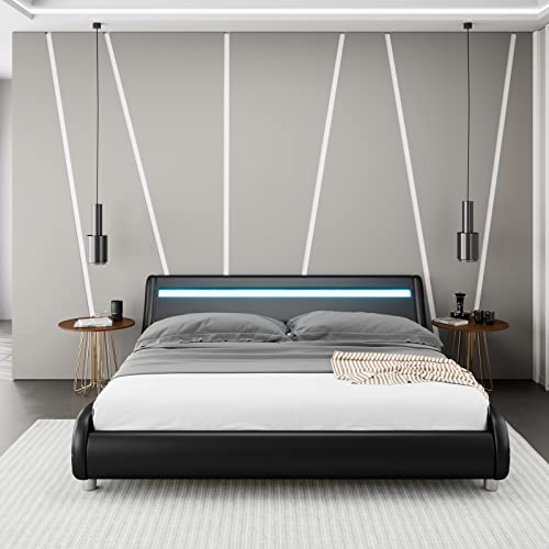 Keyluv Upholstered Full Size Led Bed Frame With Headboard, Faux Leather Modern Low Profile Platform Bed With Strong Wooden Slats Support, Luxury Wave-Like Design, No Box Spring Needed, Black #TOP1