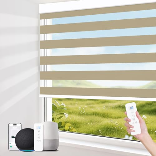 Image of Motorized Blinds with Remote Control 95% Blackout Electric Zebra Blinds for Windows Compatible with Alexa Google for Home Office Champagne, Custom Sizes
