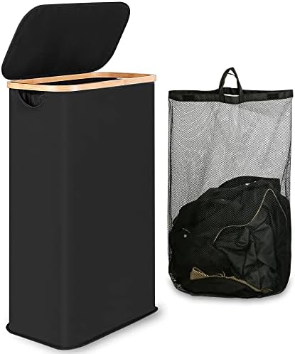 iEGrow 60L Slim Laundry Hamper with Lid,Black Hampers for Laundry,Narrow Laundry Basket with Removable Inner Bag & Bamboo Handles,Tall Thin Clothes Hamper for Clothes Toys Towels Organization