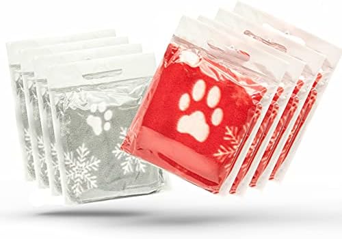 4 X Dog Blankets Washable Snowflake Paw Prints Dog Presents | Pet Blanket for Cat Soft Warm Dog Fleece Puppy Cat Blanket (70cm X 73cm, RED and GREY (Pack of 4))